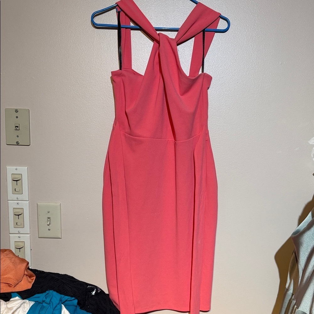 bebe Coral Pink Midi Dress with Twisted Strap Detail